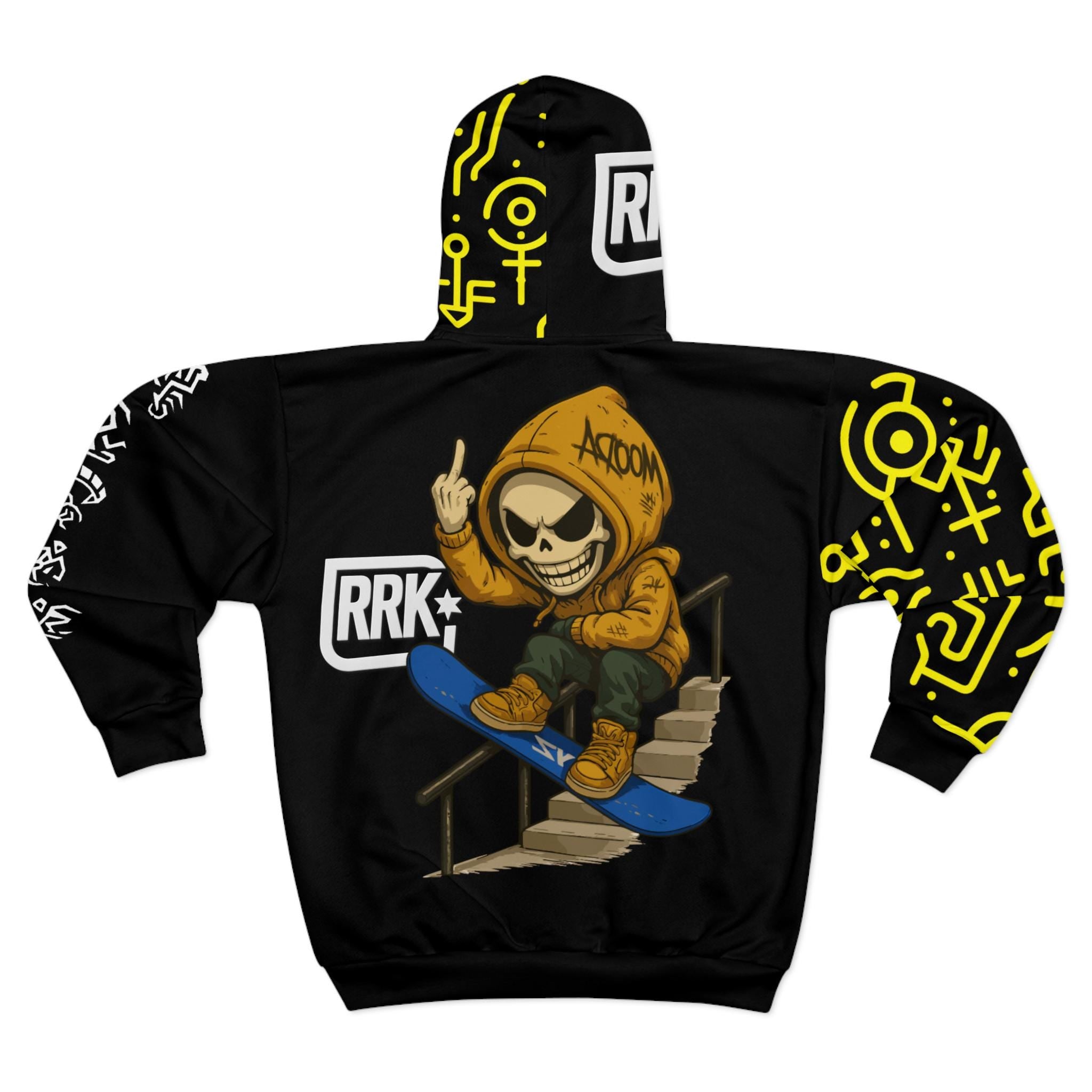 RRK Street Wear Skullboarder Glyph Zip Hoodie, Comfortable Casual Wear, Perfect for men, surf, skate, wake, kite, motocross, sail, skydive