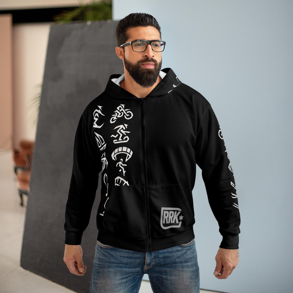 RRK Street Wear Xtreme Hieroglyphs Zip Hoodie, Comfortable Casual Wear, Perfect for men, surf, skate, wake, kite, motocross, sail, skydive