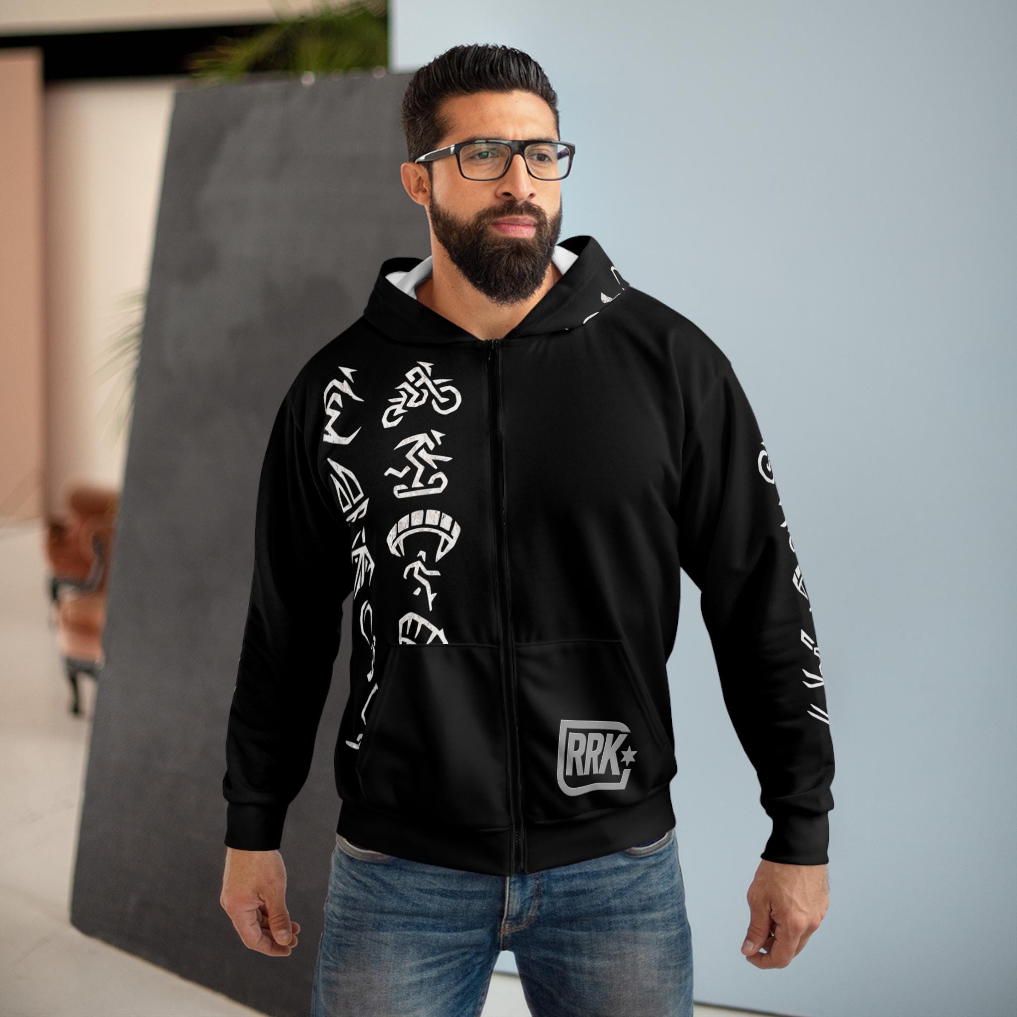RRK Street Wear Xtreme Hieroglyphs Zip Hoodie, Comfortable Casual Wear, Perfect for men, surf, skate, wake, kite, motocross, sail, skydive