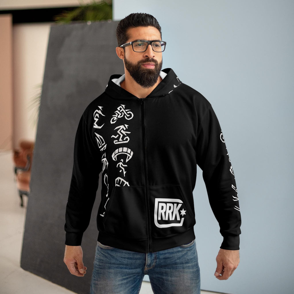 RRK Street Wear Xtreme Hieroglyphs Zip Hoodie, Comfortable Casual Wear, Perfect for Men, Surf, Skate, Wake, Kite, Motocross, Sail, Skydive
