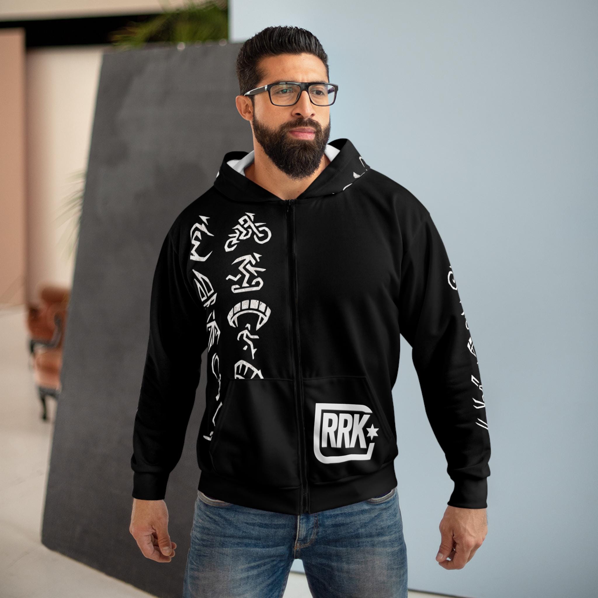 RRK Street Wear Xtreme Hieroglyphs Zip Hoodie, Comfortable Casual Wear, Perfect for Men, Surf, Skate, Wake, Kite, Motocross, Sail, Skydive