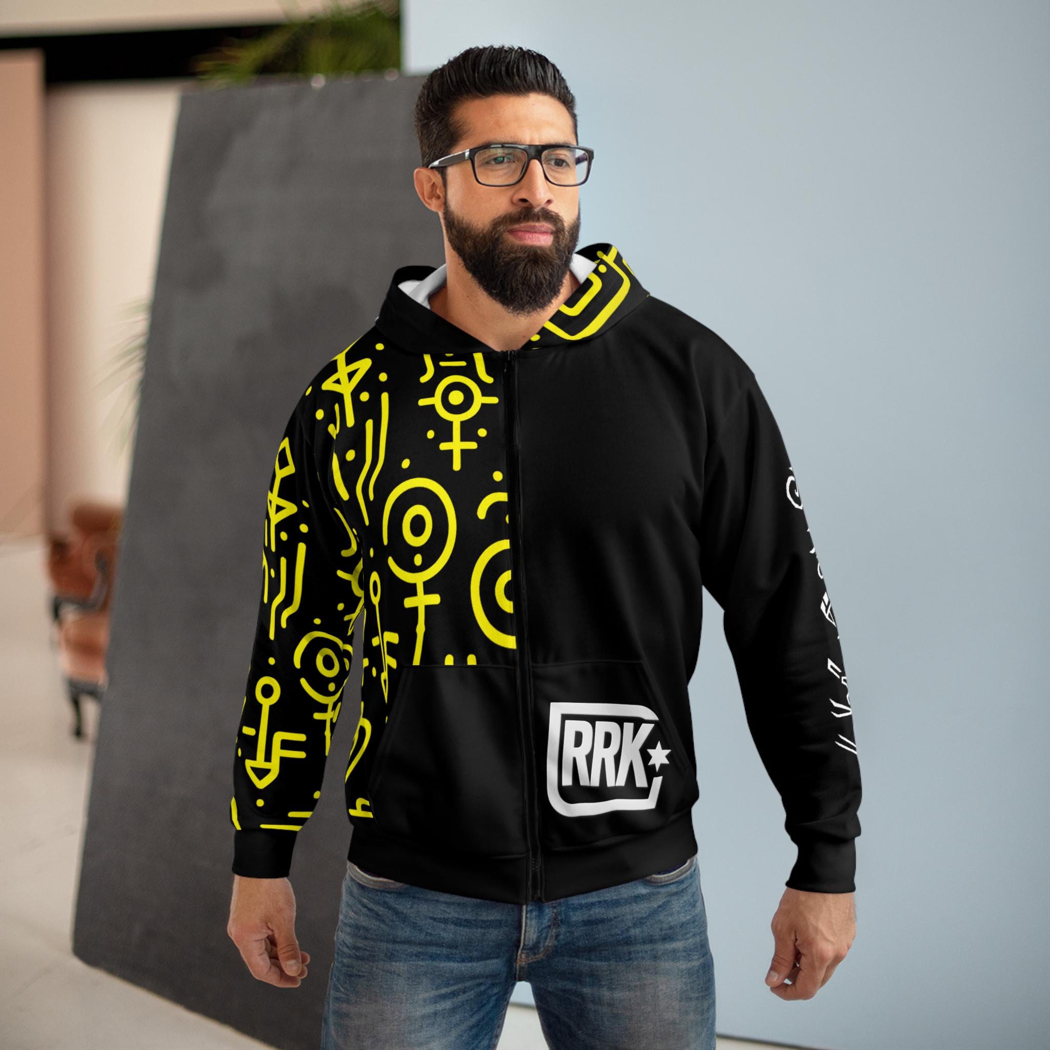 RRK Street Wear Kiteboard Glyph Zip Hoodie, Comfortable Casual Wear for Men, Surf, Skate, Wake, Kite, Motocross, Sail, Skydive