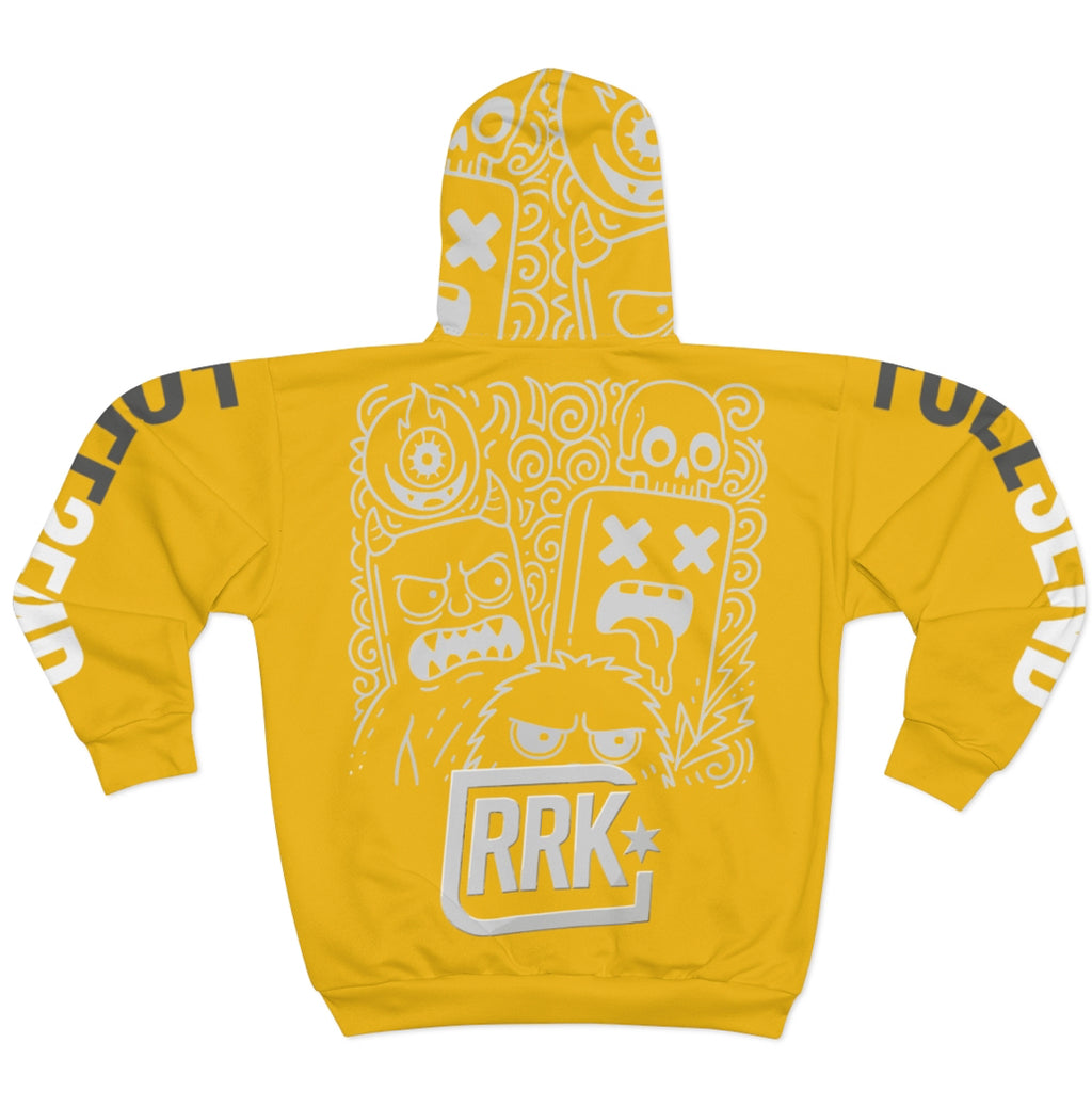 Yellow RRK Street Wear EvilDoodle Zip Hoodie for men