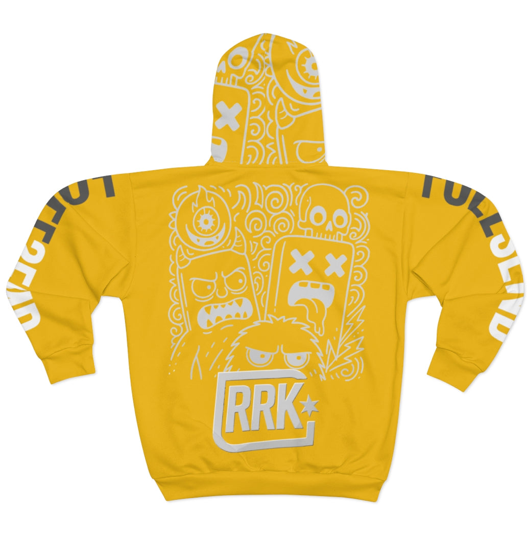 Yellow RRK Street Wear EvilDoodle Zip Hoodie for men