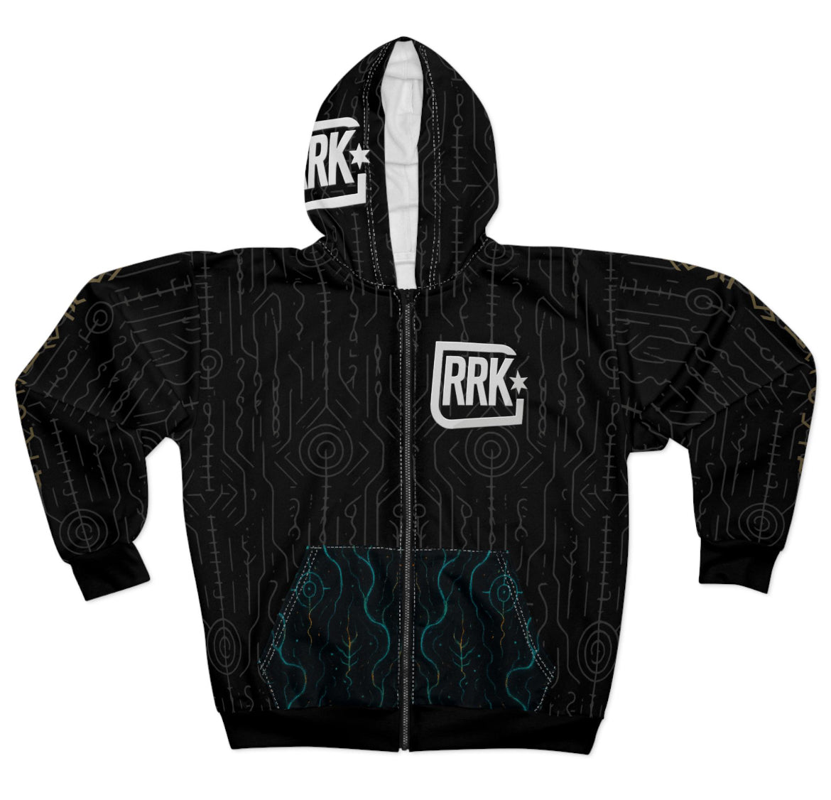 Black RRK Street Wear DarkOverlordBlood Zip Hoodie, Comfortable Casual Wear for Men