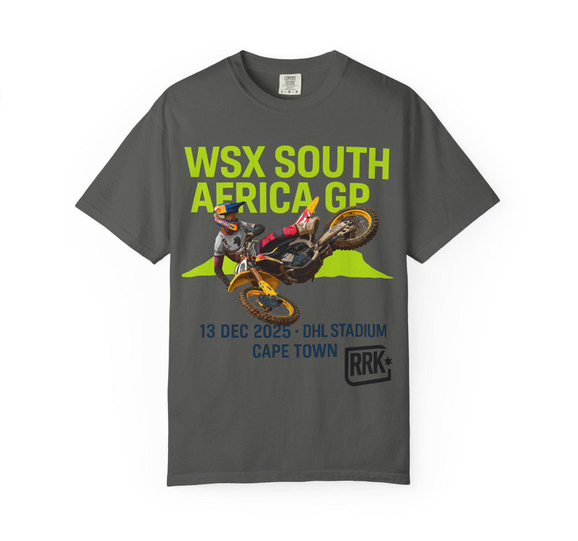 RRK WCSX Western Cape Supercross Tee. One drop only. Never to be printed again! Free shipping Cape Town only. Limited to 820 shirts only. Grab yours now. Shipping will be fulfilled when our manufacturer returns from holiday 10 Jan 2026