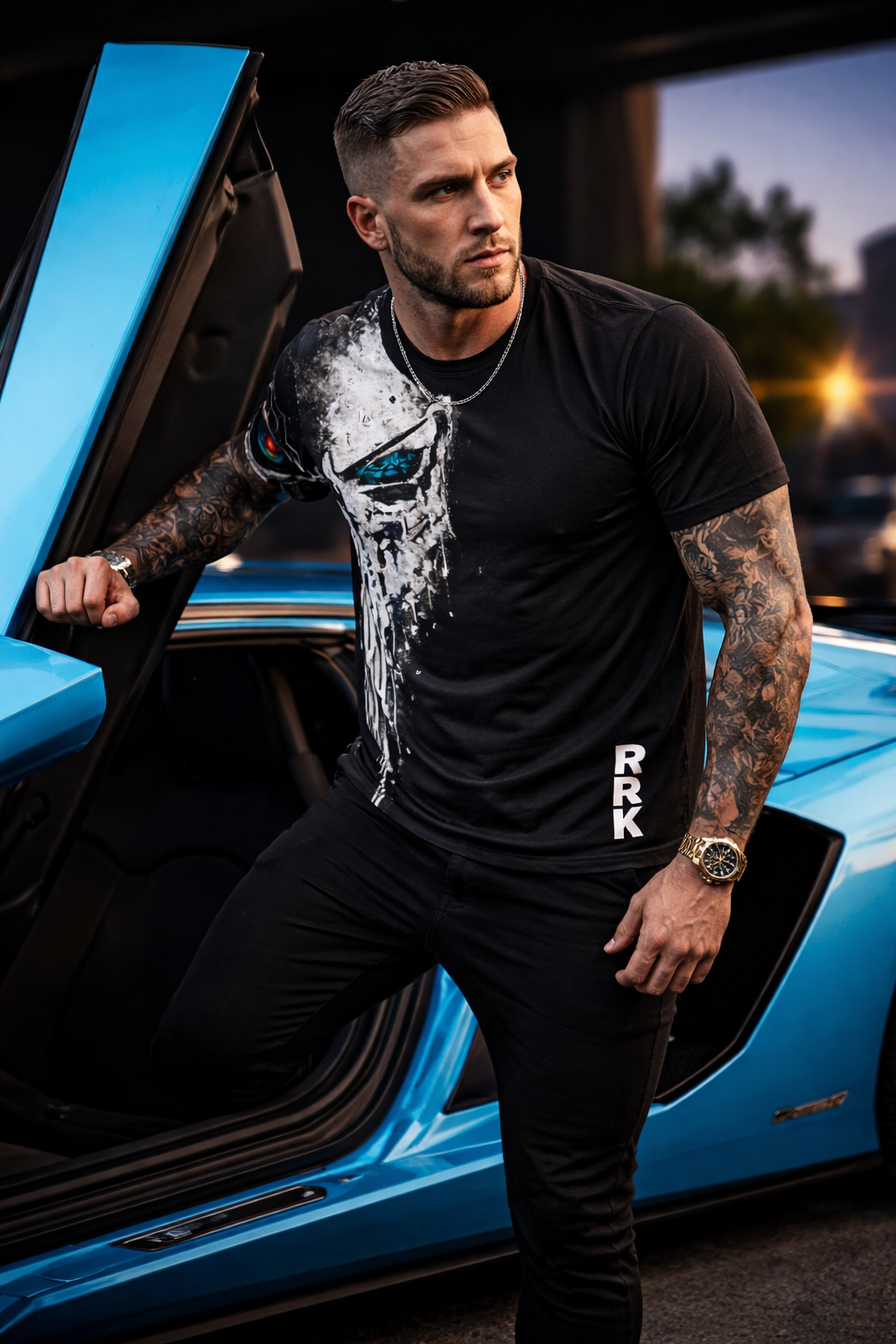 RRK White Alien Skull men’s t-shirt, casual graphic tee. Surf, fight, skate, kite, ride..