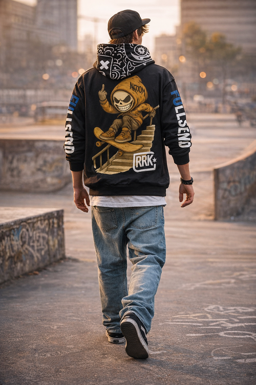 Black RRK Street Wear FullSendSkater Zip Hoodie, Comfortable Casual Wear for Men