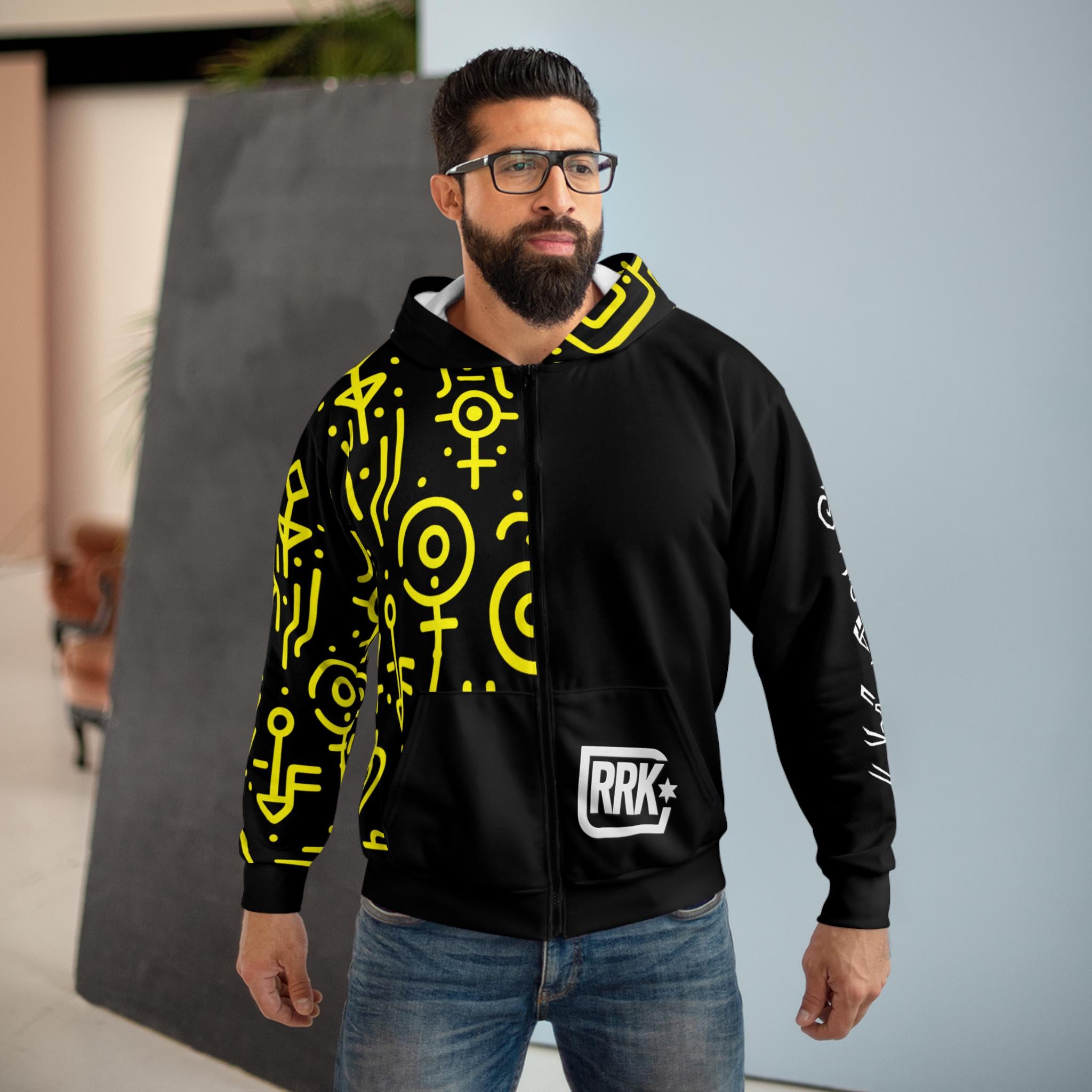 RRK Street Wear Skullboarder Glyph Zip Hoodie, Comfortable Casual Wear, Perfect for men, surf, skate, wake, kite, motocross, sail, skydive