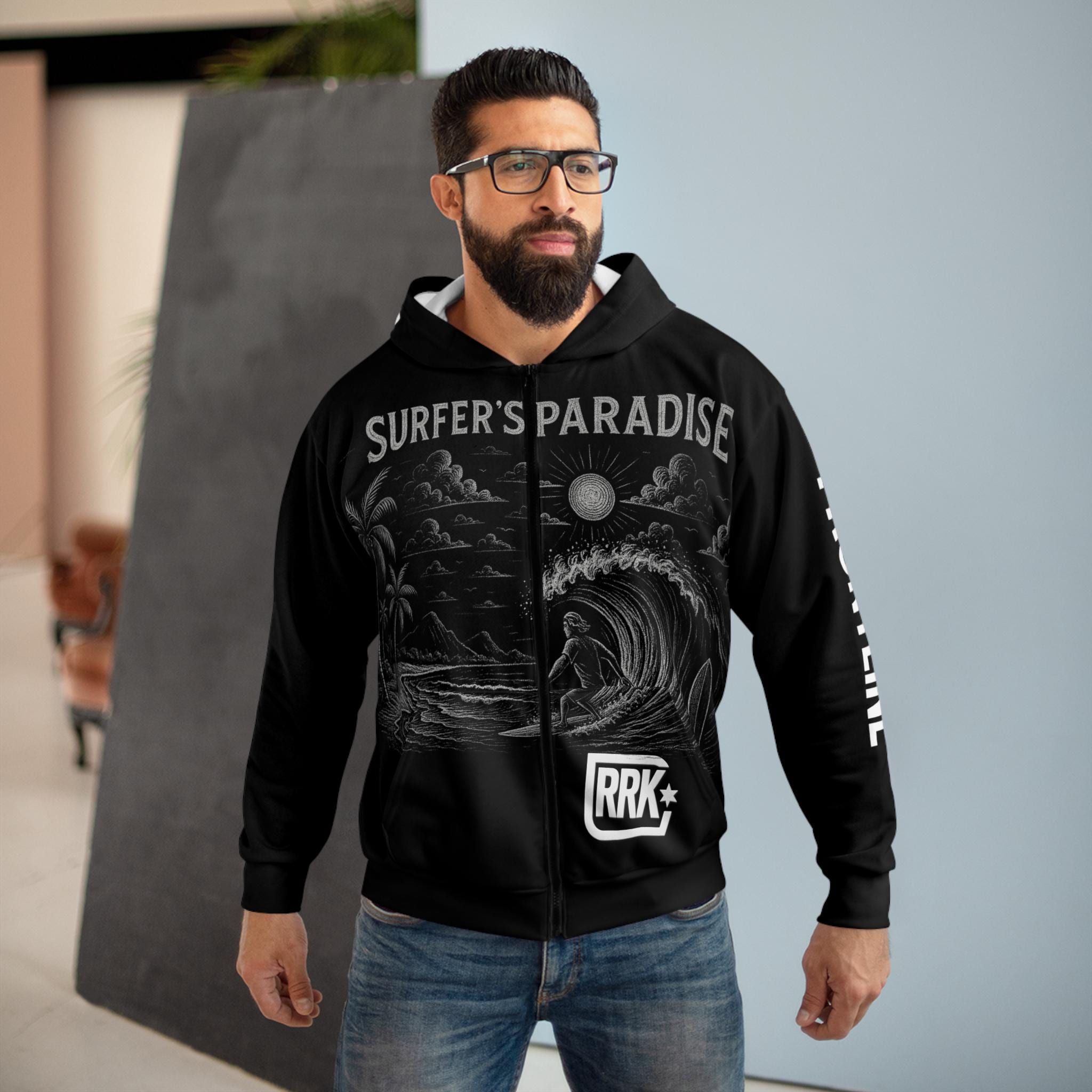 RRK Street Wear Frontline Surf Zip Hoodie, Comfortable Casual Wear, Perfect for Men, Surf, Skate, Wake, Kite, Motocross, Skydive