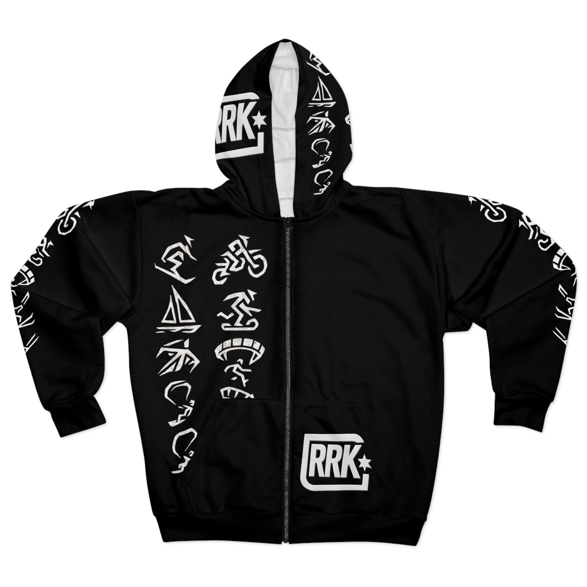 RRK Street Wear Xtreme Hieroglyphs Zip Hoodie, Comfortable Casual Wear, Perfect for Men, Surf, Skate, Wake, Kite, Motocross, Sail, Skydive