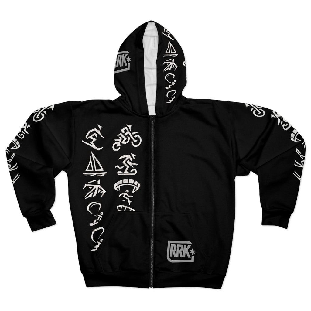 RRK Street Wear Xtreme Hieroglyphs Zip Hoodie, Comfortable Casual Wear, Perfect for men, surf, skate, wake, kite, motocross, sail, skydive