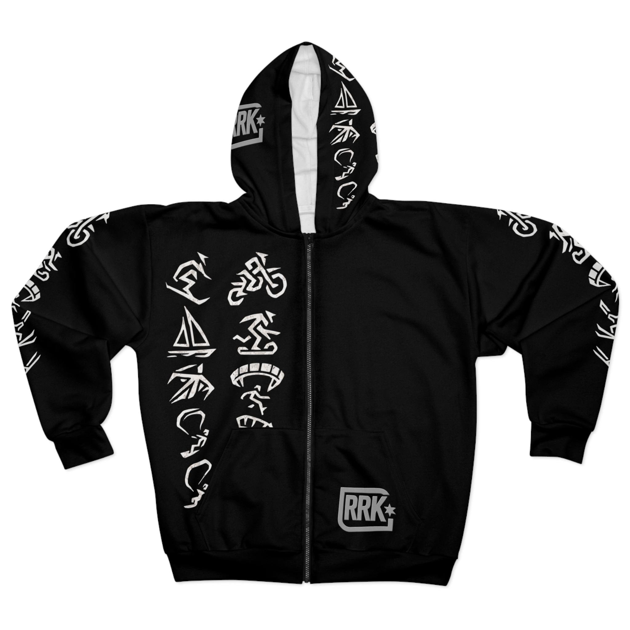 RRK Street Wear Xtreme Hieroglyphs Zip Hoodie, Comfortable Casual Wear, Perfect for men, surf, skate, wake, kite, motocross, sail, skydive