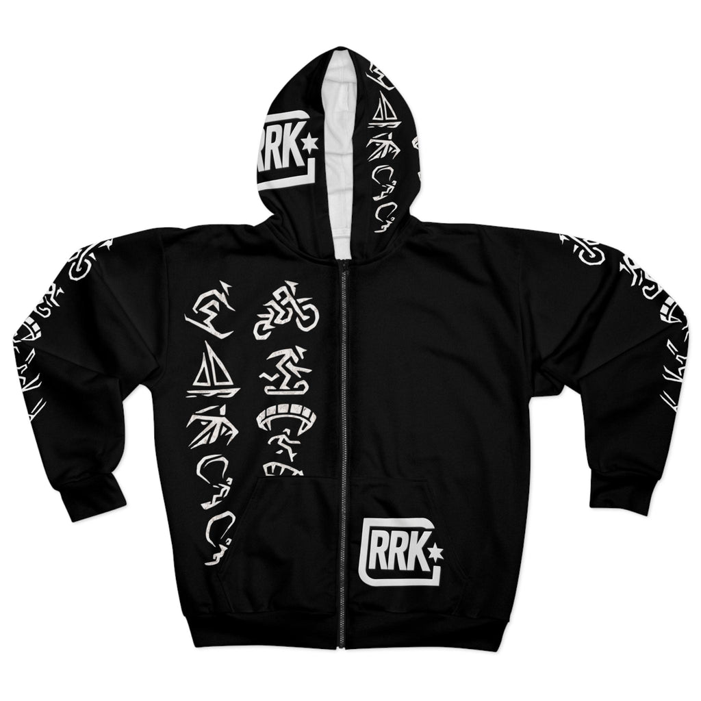 RRK Street Wear Xtreme Hieroglyphs Zip Hoodie, Comfortable Casual Wear, Perfect for Men, Surf, Skate, Wake, Kite, Motocross, Sail, Skydive