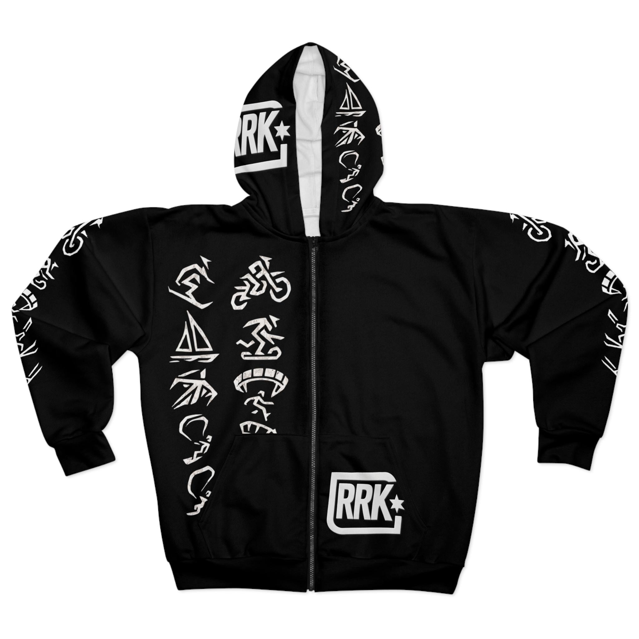 RRK Street Wear Xtreme Hieroglyphs Zip Hoodie, Comfortable Casual Wear, Perfect for Men, Surf, Skate, Wake, Kite, Motocross, Sail, Skydive
